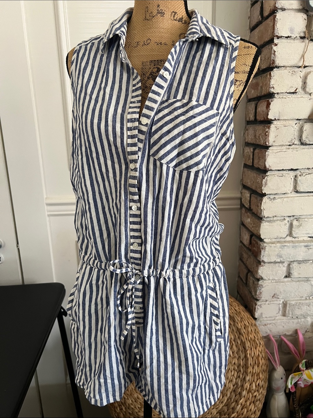 Abercrombie & Fitch Blue and White Vertical Stripe Sleeveless Jumpsuit